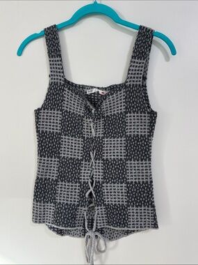 Salty Checked Knit Lace-Up Camisole in Gray and Black